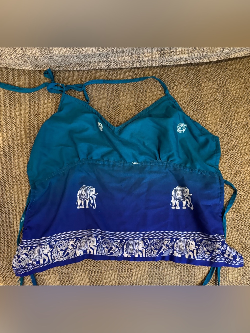 Women’s Vintage Y2K Elephant-Print Ombre Halter Tank Top - Teal/Blue